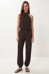 Halter Yaka Bluz Pantolon Krinkıl Takım KAHVERENGİ LFW0027