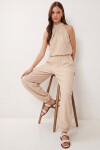 Halter Yaka Bluz Pantolon Krinkıl Takım KREM LFW0027