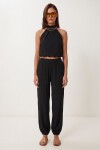 Halter Yaka Bluz Pantolon Krinkıl Takım SİYAH LFW0027