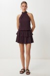 Halter Yaka Katlı Mini Krinkıl Örme Elbise MÜRDÜM LFW0022