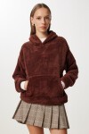 Kapüşonlu Cepli Peluş Sweatshirt KAHVERENGİ LZV0020