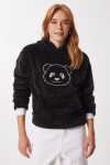 Kapüşonlu Nakış İşlemeli Peluş Sweatshirt SİYAH LZV0024