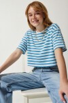 Oversize Çizgili Pamuklu Örme T-shirt MAVİ BEYAZ LZE0001