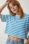 Oversize Çizgili Pamuklu Örme T-shirt MAVİ BEYAZ LZE0001
