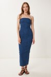 Straplez Midi Denim Elbise KOYU MAVİ LYZ0002
