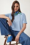 Taş Detaylı Örme T-shirt GÖK MAVİ LZV0059