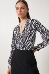Zebra Desenli V Yaka Büzgülü Örme Bluz SİYAH BEYAZ LZH0008