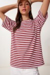 Çizgili Oversize Viskon T-shirt BORDO BEYAZ LRN0041