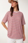 Çizgili Oversize Viskon T-shirt BORDO BEYAZ LRN0041