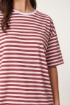 Çizgili Oversize Viskon T-shirt BORDO BEYAZ LRN0041