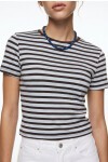 Çizgili Pamuklu Örme T-shirt GÖK MAVİ KAHVERENGİ LUB0386