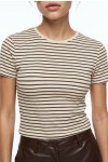 Çizgili Pamuklu Örme T-shirt SARI KAHVERENGİ LUB0386