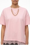 Dantel Detaylı Oversize Örme T-shirt ŞEKER PEMBE LUB0377