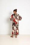 Desenli Yazlık Viskon Kimono Pantolon Takım ANTRASİT KIRMIZI LRN0013