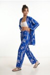 Desenli Yazlık Viskon Kimono Pantolon Takım KOYU MAVİ EKRU LRN0013