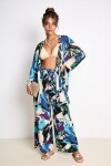 Desenli Yazlık Viskon Kimono Pantolon Takım MAVİ YEŞİL LRN0013