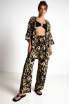 Desenli Yazlık Viskon Kimono Pantolon Takım SİYAH BEJ LRN0013