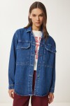Geniş Cepli Oversize Denim Ceket KOYU MAVİ LAN0031