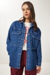 Geniş Cepli Oversize Denim Ceket KOYU MAVİ LAN0031
