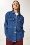 Geniş Cepli Oversize Denim Ceket KOYU MAVİ LAN0031