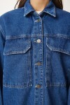 Geniş Cepli Oversize Denim Ceket KOYU MAVİ LAN0031