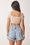 Keten Karışımlı Büzgülü Crop Bluz BEJ LBV0070