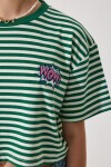 Nakış Detaylı Çizgili %100 Pamuk Crop Örme T-shirt YEŞİL LCR0005