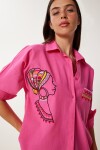 Nakış Detaylı Oversize Keten Gömlek PEMBE LDE0007