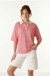 Polo Yaka Çizgili Oversize Örme T-shirt PEMBE LUB0388