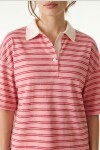 Polo Yaka Çizgili Oversize Örme T-shirt PEMBE LUB0388