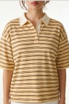 Polo Yaka Çizgili Oversize Örme T-shirt SARI LUB0388