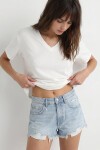 V Yaka Oversize Basic Örme T-shirt EKRU LZV0072