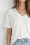 V Yaka Oversize Basic Örme T-shirt EKRU LZV0072