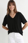 V Yaka Oversize Basic Örme T-shirt SİYAH LZV0072