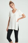 V Yaka Yırtmaçlı Viskon T-shirt EKRU LRN0039
