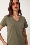 V Yaka Yırtmaçlı Viskon T-shirt HAKİ LRN0039