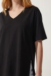 V Yaka Yırtmaçlı Viskon T-shirt SİYAH LRN0039