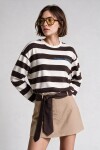 Çizgili Baskılı Oversize Örme Sweatshirt KAHVERENGİ EKRU LUB0398