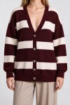 Atkılı Simli Çizgili Oversize Triko Hırka BORDO KEMİK LYY0155