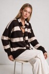 Atkılı Simli Çizgili Oversize Triko Hırka KAHVERENGİ KEMİK LYY0155