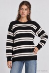 Çizgili Oversize Triko Kazak SİYAH EKRU LMA0001