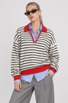 Çizgili Polo Yaka Oversize Triko Kazak 4419 EKRU KIRMIZI LKİ0056