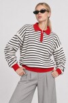 Çizgili Polo Yaka Oversize Triko Kazak 4419 EKRU KIRMIZI LKİ0056