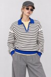 Çizgili Polo Yaka Oversize Triko Kazak 4419 EKRU MAVİ LKİ0056
