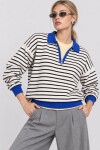 Çizgili Polo Yaka Oversize Triko Kazak 4419 EKRU MAVİ LKİ0056
