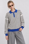 Çizgili Polo Yaka Oversize Triko Kazak 4419 EKRU MAVİ LKİ0056