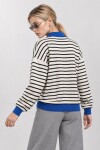 Çizgili Polo Yaka Oversize Triko Kazak 4419 EKRU MAVİ LKİ0056