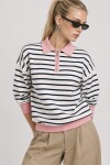Çizgili Polo Yaka Oversize Triko Kazak 4419 EKRU PEMBE LKİ0056