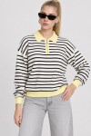 Çizgili Polo Yaka Oversize Triko Kazak 4419 EKRU SARI LKİ0056