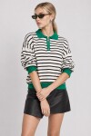 Çizgili Polo Yaka Oversize Triko Kazak 4419 EKRU YEŞİL LKİ0056
